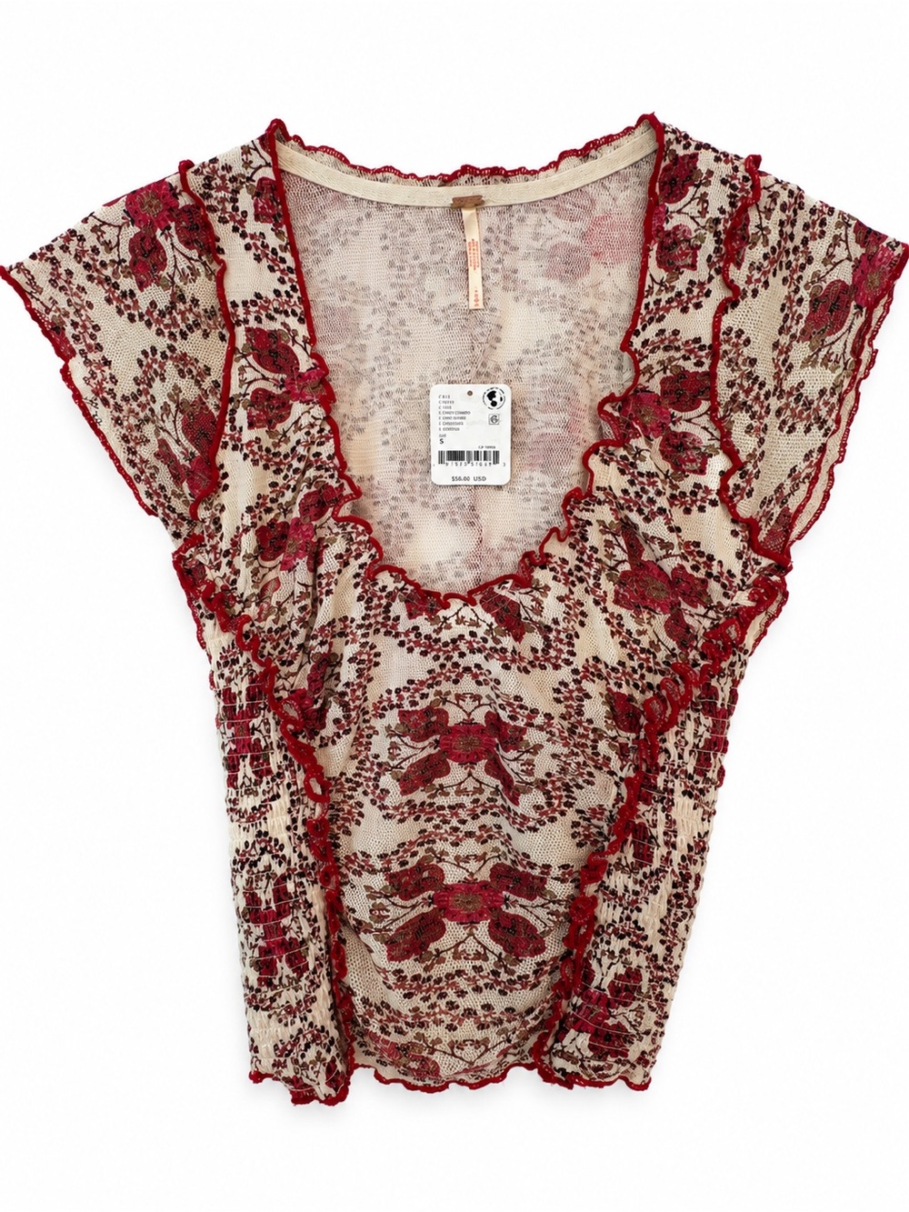 Free People Red Floral Sheer Lace Ruffled V-Neck Top
